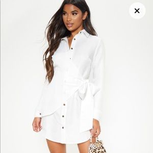 White Tortoise Button Wrap Tie Shirt Dress